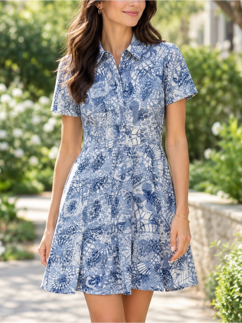 Tory Burch Linen Blend Pleated Dress Short Sleeve Botanical Abstract Blue Size 2